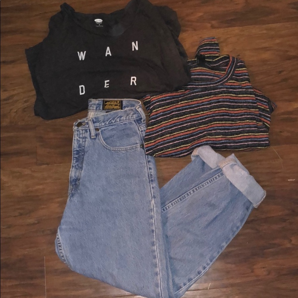 Sweater, T-shirt, and High Waisted Jeans Bundle